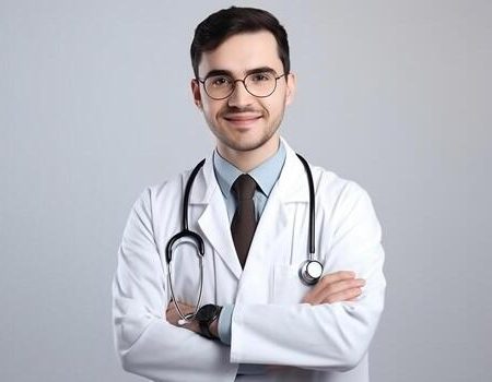 ai-generative-portrait-of-confident-male-doctor-in-white-coat-and-stethoscope-standing-with-arms-crossed-and-looking-at-camera-photo